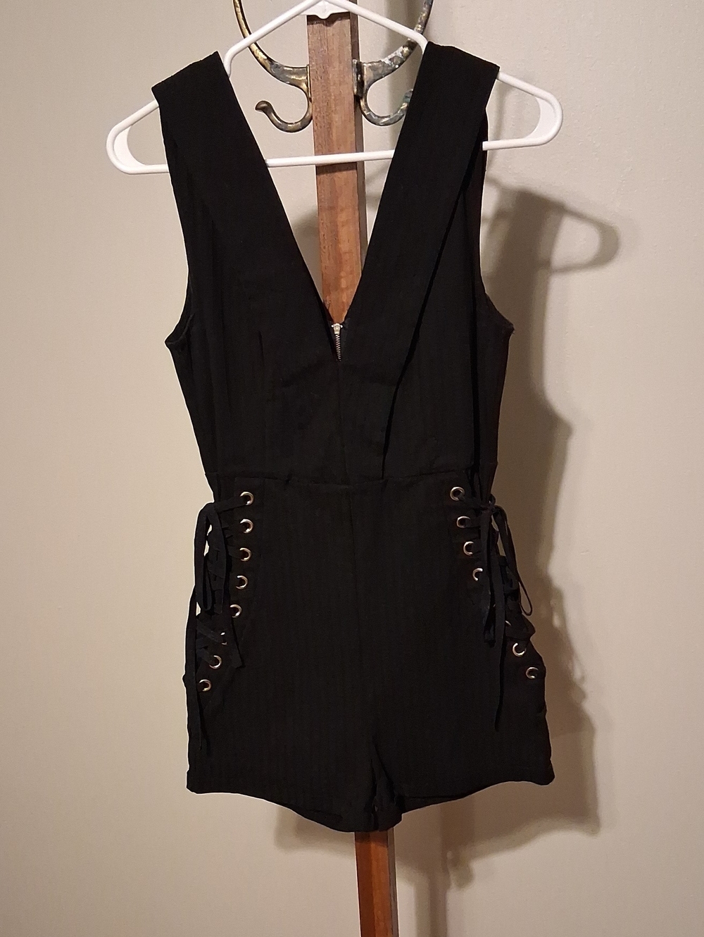 Fashion Nova Black Lace-Up Deep V Romper Bodysuit